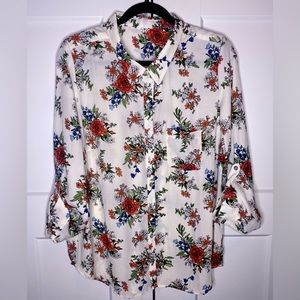 DNA Couture Ivory Floral Button Down Blouse Size XL